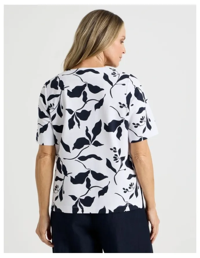 Regatta Short Sleeve V Neck Ponte Tee in Navy/Ivory Leaf Print