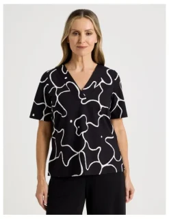 Regatta Short Sleeve V Neck Ponte Tee in Black/Ivory Large Abstract Print