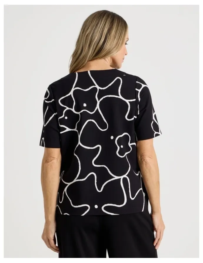 Regatta Short Sleeve V Neck Ponte Tee in Black/Ivory Large Abstract Print