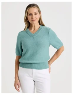 Regatta Short Sleeve V Neck Knitted Top With Fancy Neckband in Slate