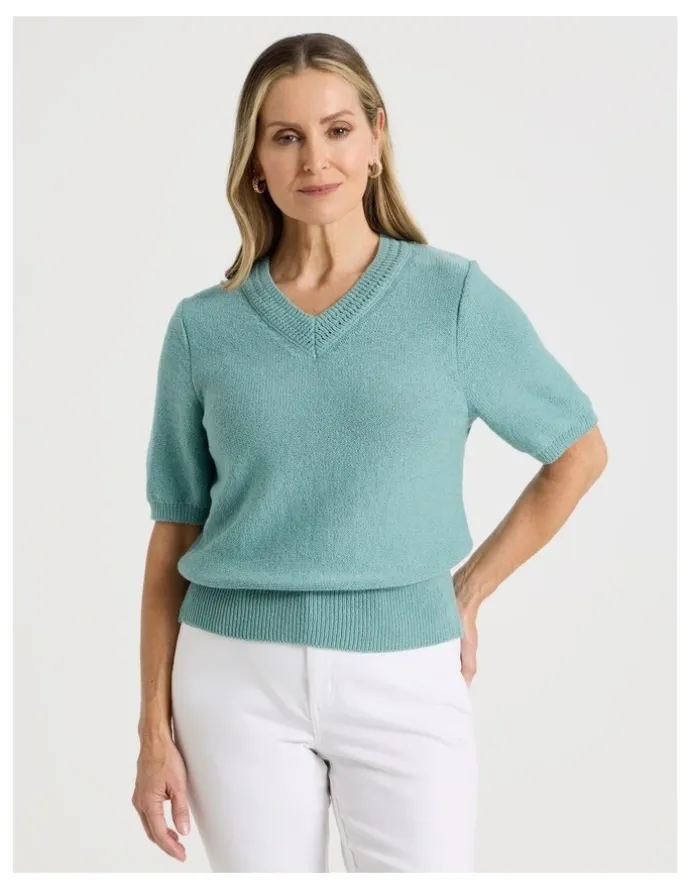 Regatta Short Sleeve V Neck Knitted Top With Fancy Neckband in Slate