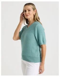 Regatta Short Sleeve V Neck Knitted Top With Fancy Neckband in Slate