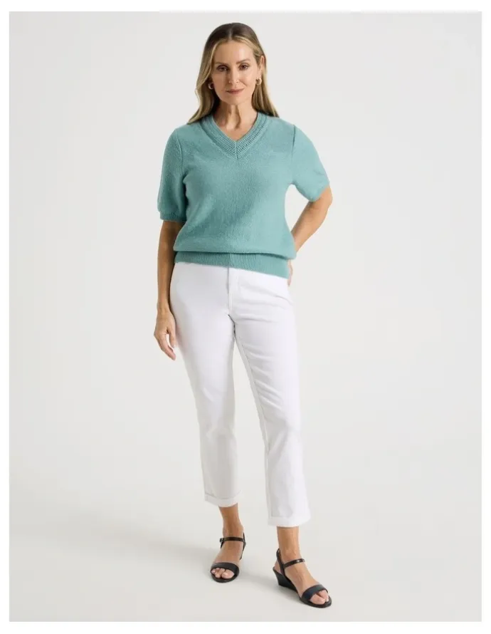 Regatta Short Sleeve V Neck Knitted Top With Fancy Neckband in Slate