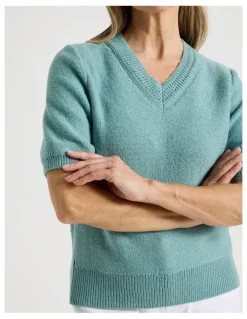Regatta Short Sleeve V Neck Knitted Top With Fancy Neckband in Slate