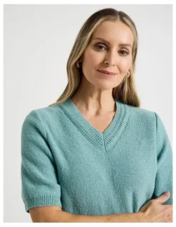 Regatta Short Sleeve V Neck Knitted Top With Fancy Neckband in Slate