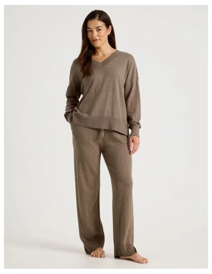 Regatta V-Neck Long Sleeve Knit Sleep Top in Malt Marle