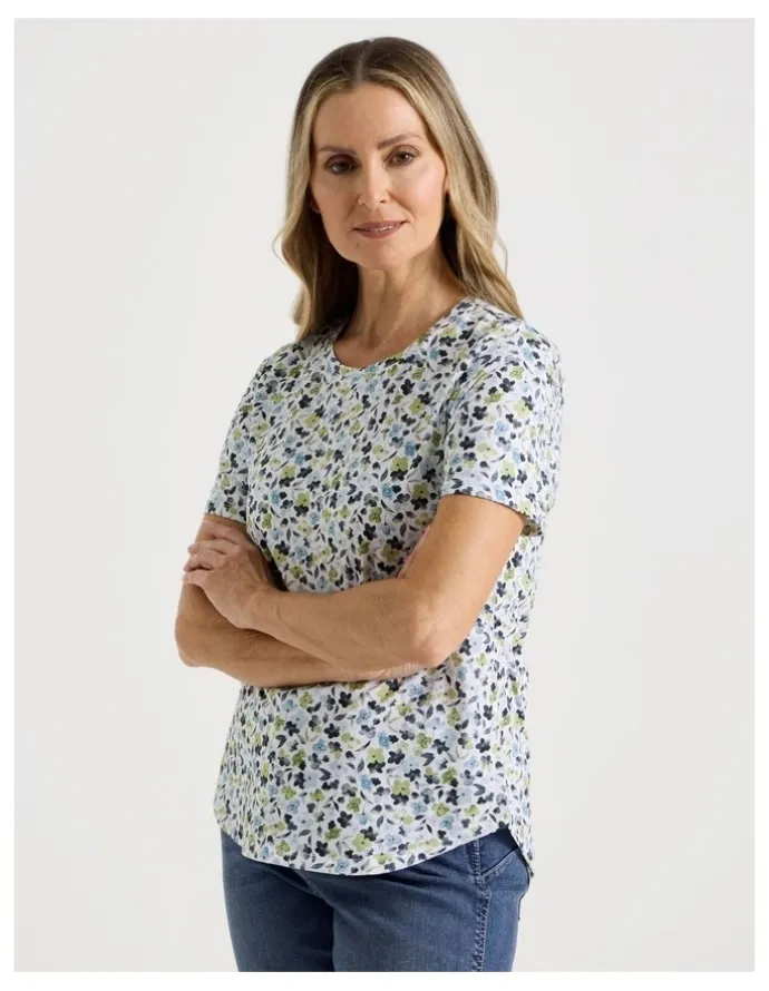 Regatta Wardrobe Staple Short Sleeve Tee in Blues/Greens Watercolour Floral Ditsy Print
