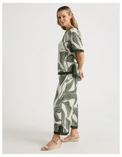 Regatta Wide Leg Crop Linen Blend Pant With Solid Contrasts in Neutral/Olive Print