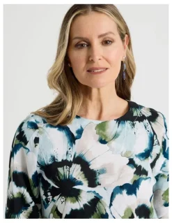 Regatta Elbow Length Split Sleeve Dress With Side Pockets in Blues/Olive Blurred Floral