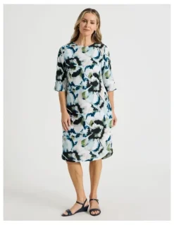 Regatta Elbow Length Split Sleeve Dress With Side Pockets in Blues/Olive Blurred Floral
