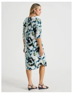 Regatta Elbow Length Split Sleeve Dress With Side Pockets in Blues/Olive Blurred Floral