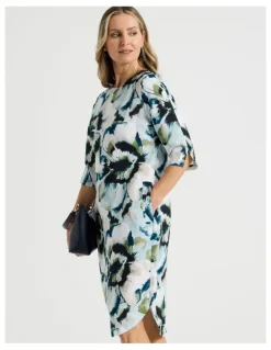 Regatta Elbow Length Split Sleeve Dress With Side Pockets in Blues/Olive Blurred Floral