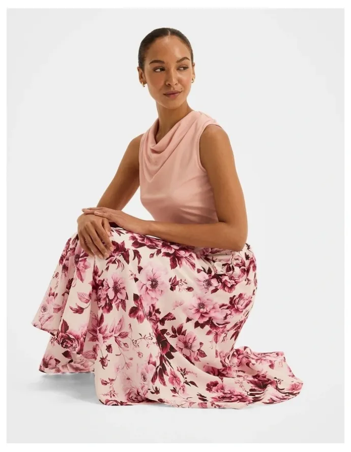 Review Edie Floral Midi Skirt in Pink
