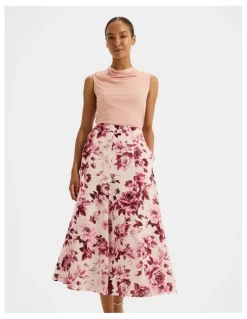 Review Edie Floral Midi Skirt in Pink