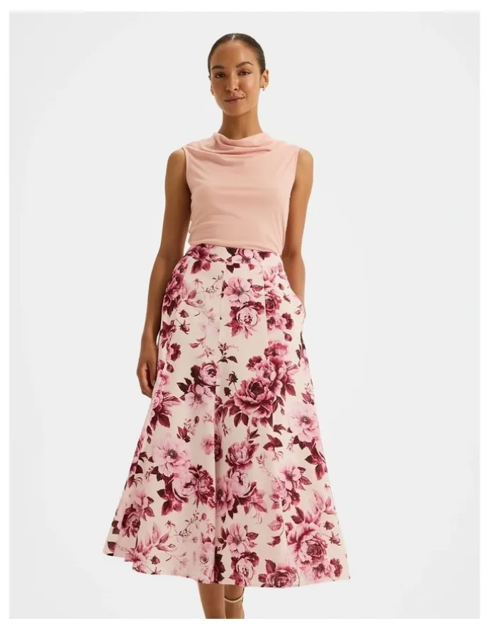 Review Edie Floral Midi Skirt in Pink