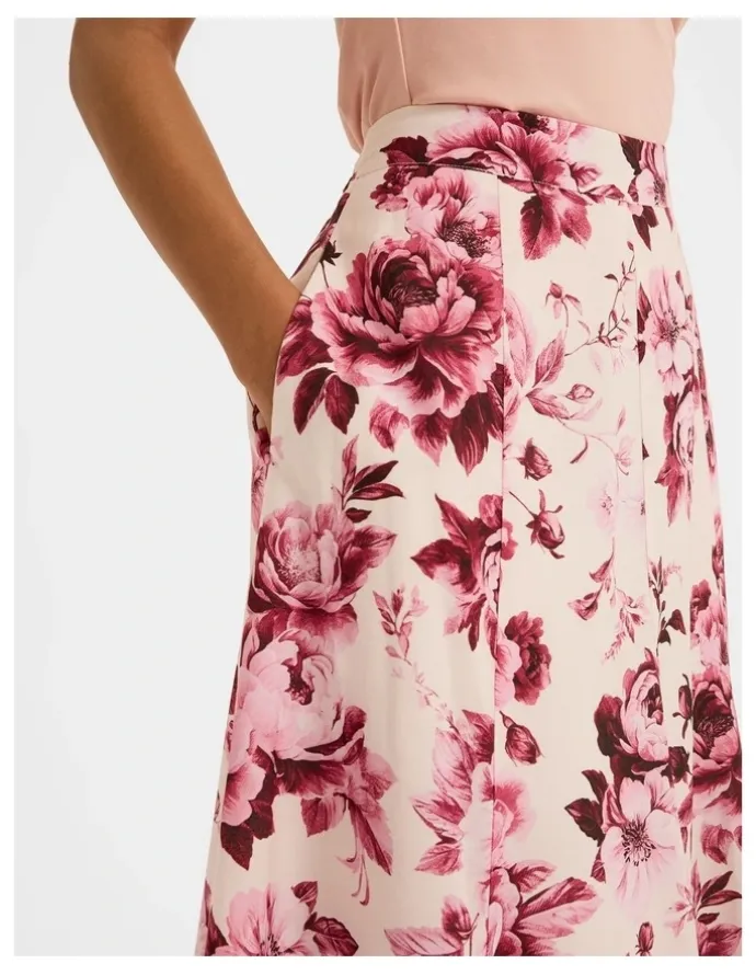 Review Edie Floral Midi Skirt in Pink