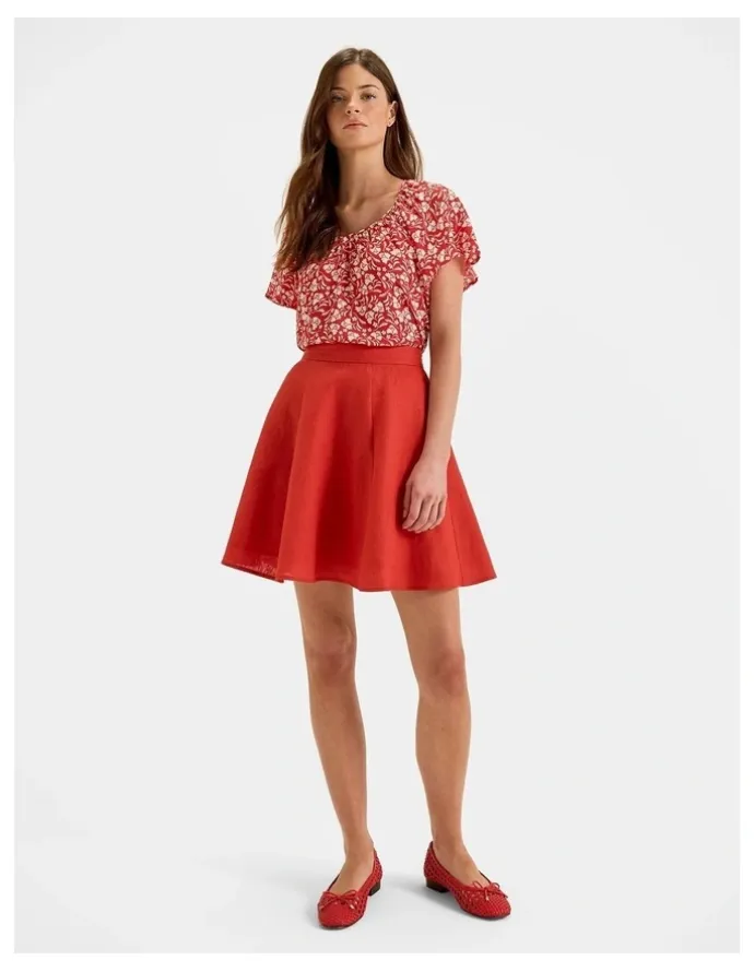 Review Norah Linen Mini Skirt in Hibiscus