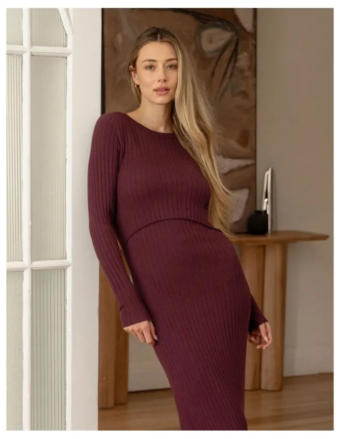 Ripe Eden Knit Nursing Dress in Maroon