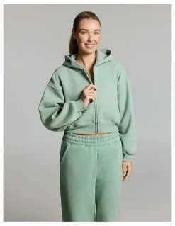 Rockwear Luxe Fleece Cropped Zip Through Hoodie Matcha
