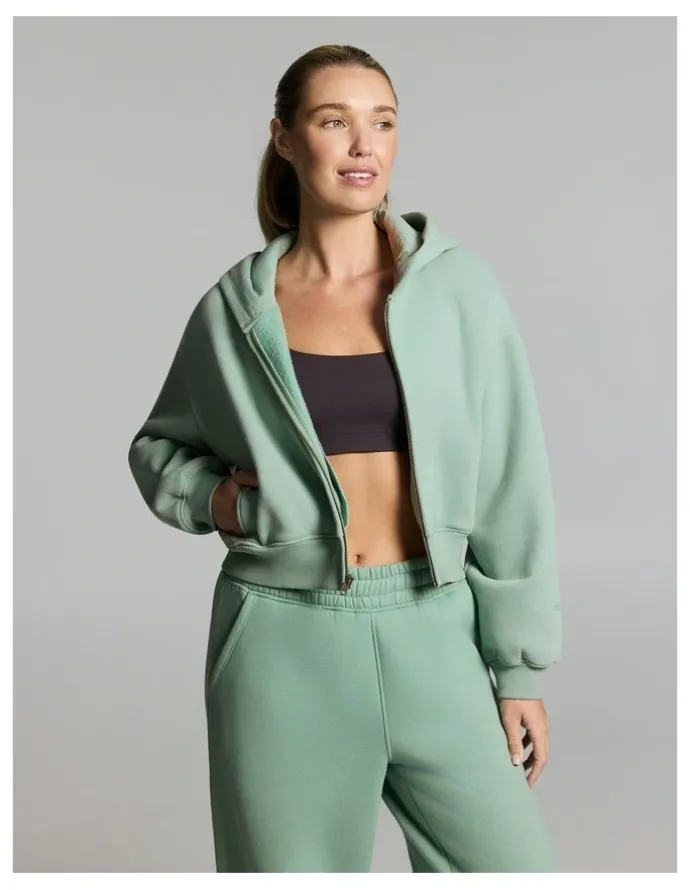 Rockwear Luxe Fleece Cropped Zip Through Hoodie Matcha