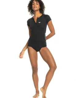 Roxy New Essentials Short Sleeve Zip Up Rash Vest in Anthracite