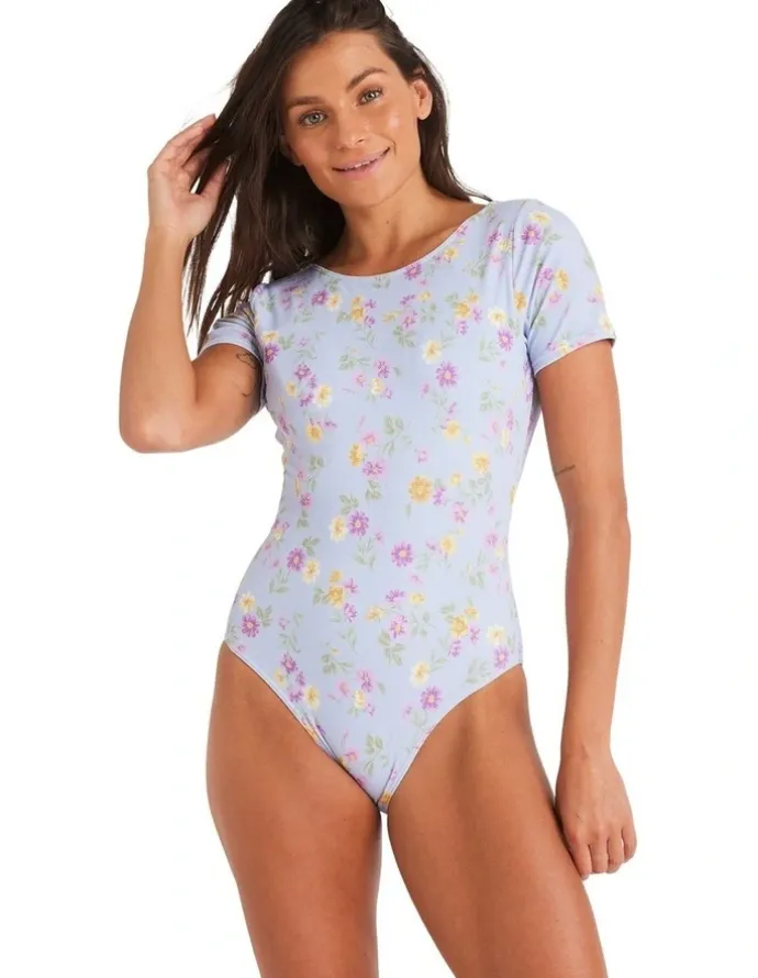 Roxy Wildflower Short Sleeve One Piece Swimsuit in Misty Blue