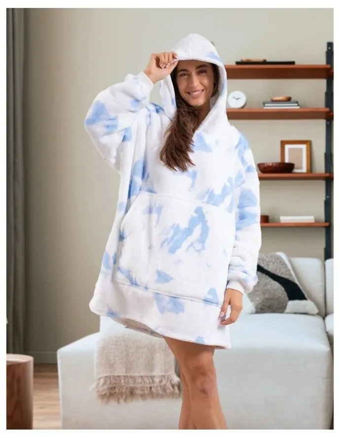 Royal Comfort Premium Reversible Fleece Snug Hoodie 750GSM in White/Blue