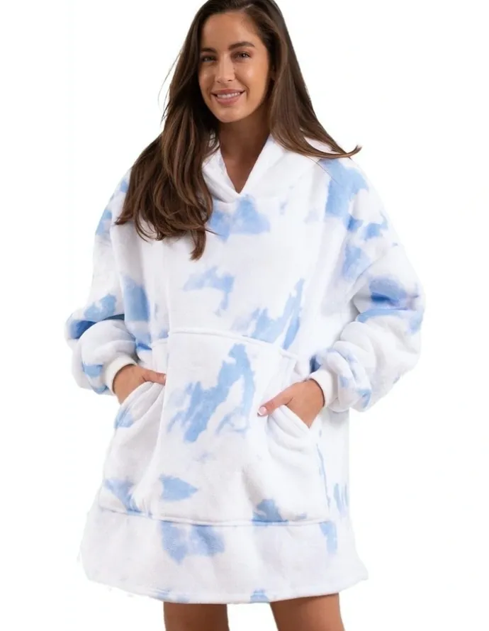 Royal Comfort Premium Reversible Fleece Snug Hoodie 750GSM in White/Blue