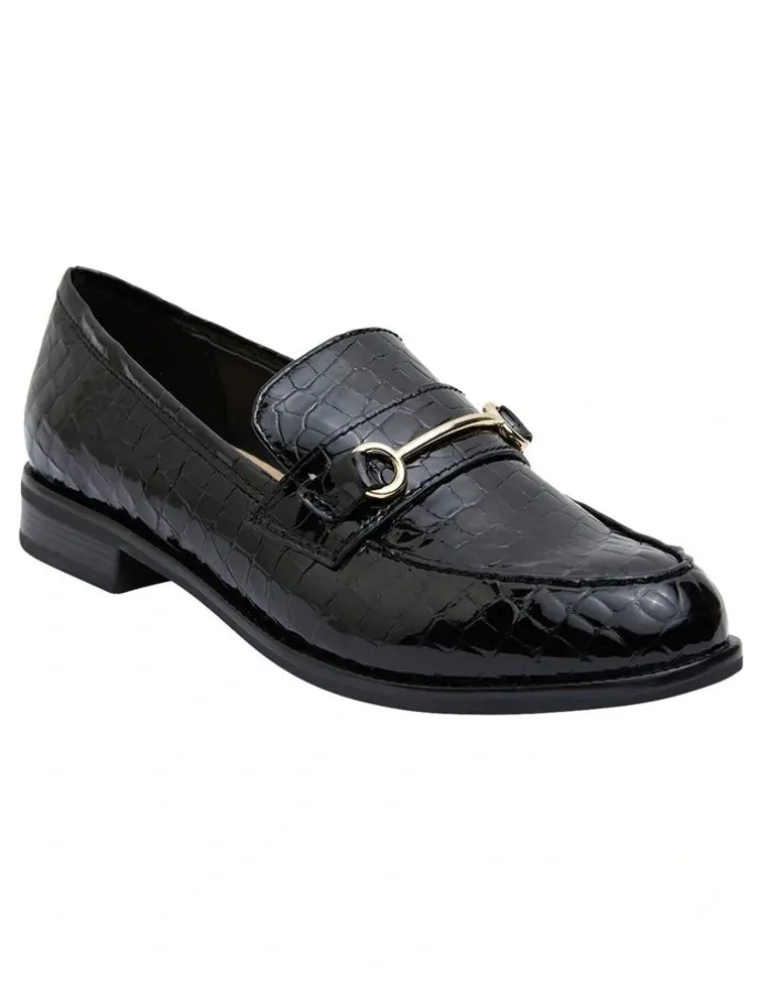 Sandler Paragon Flat Shoes in Black Patent Croc Leather