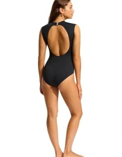Seafolly Active Cap Sleeve One Piece Swimsuit in Black