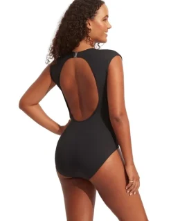 Seafolly Active Cap Sleeve One Piece Swimsuit in Black