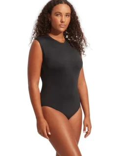 Seafolly Active Cap Sleeve One Piece Swimsuit in Black