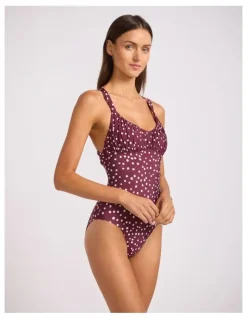 Seafolly Dolce Dot Ruched Cross Back One Piece in Dark Burgundy