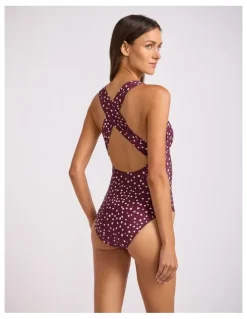 Seafolly Dolce Dot Ruched Cross Back One Piece in Dark Burgundy