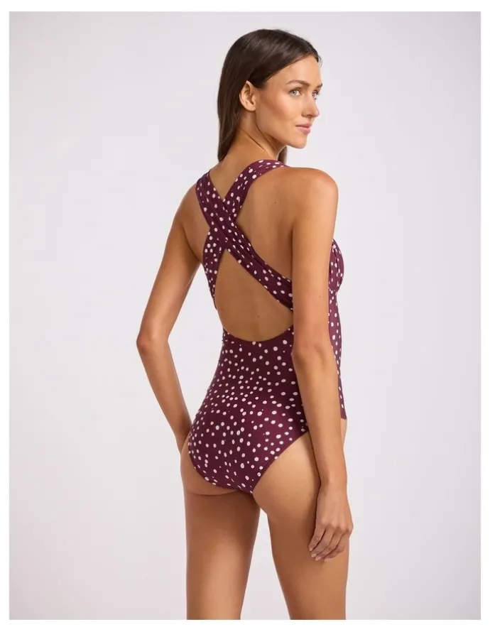 Seafolly Dolce Dot Ruched Cross Back One Piece in Dark Burgundy