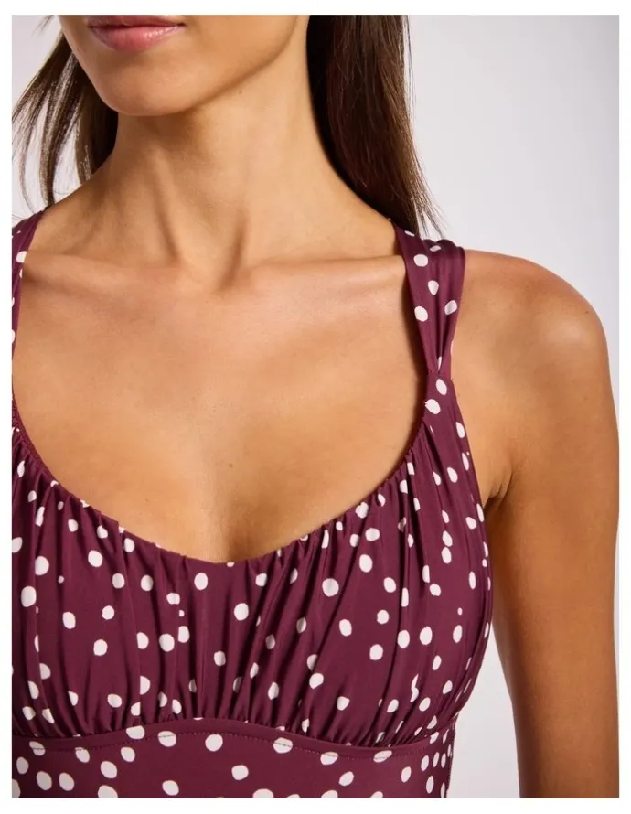 Seafolly Dolce Dot Ruched Cross Back One Piece in Dark Burgundy
