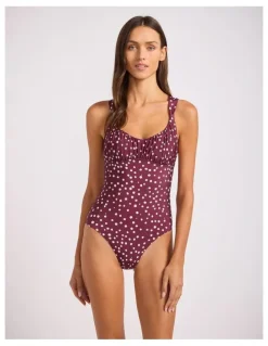 Seafolly Dolce Dot Ruched Cross Back One Piece in Dark Burgundy