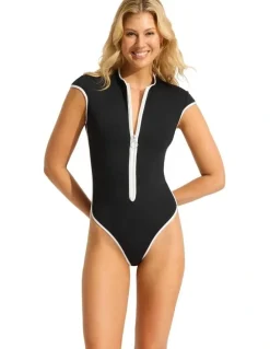 Seafolly Seafolly Collective Cap Sleeve Zip Front One Piece - Black