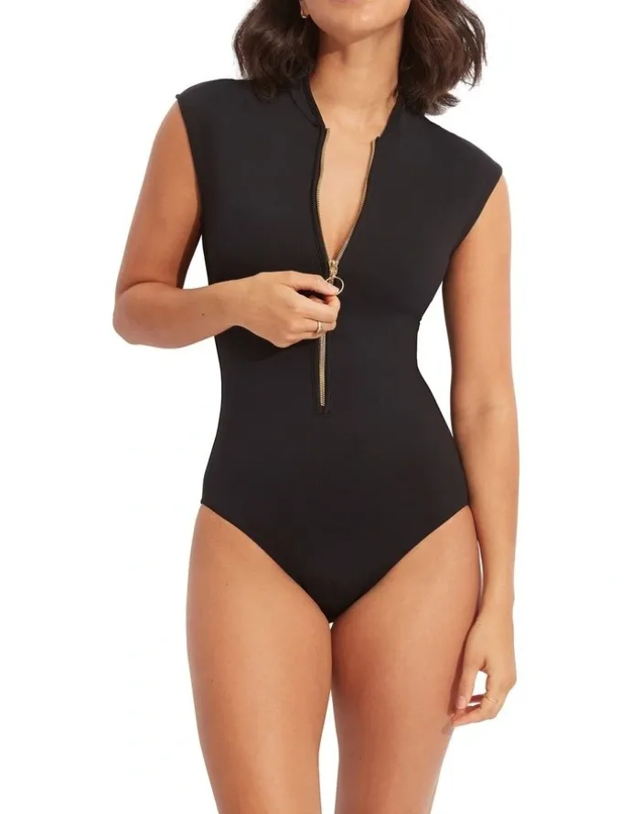 Seafolly Zip Front One Piece Swimsuit in Black