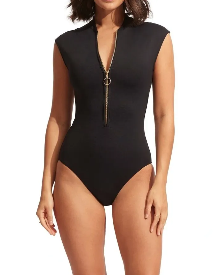 Seafolly Zip Front One Piece Swimsuit in Black