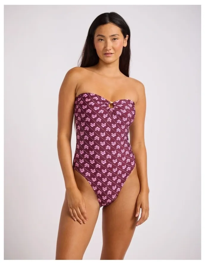 Seafolly Batik Bloom Bandeau One Piece in Dark Burgundy
