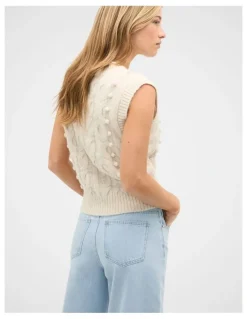 Seed Heritage Pom Pom Cable Knit Vest in Mist Marle