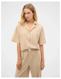Seed Heritage Stripe Shirt and Pant PJ Set in Cashew Cream