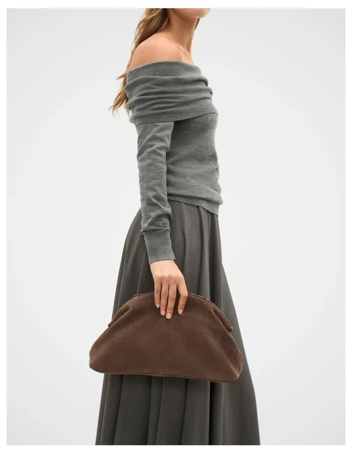 Seed Heritage Suede Rounded Clutch in Cocoa Suede