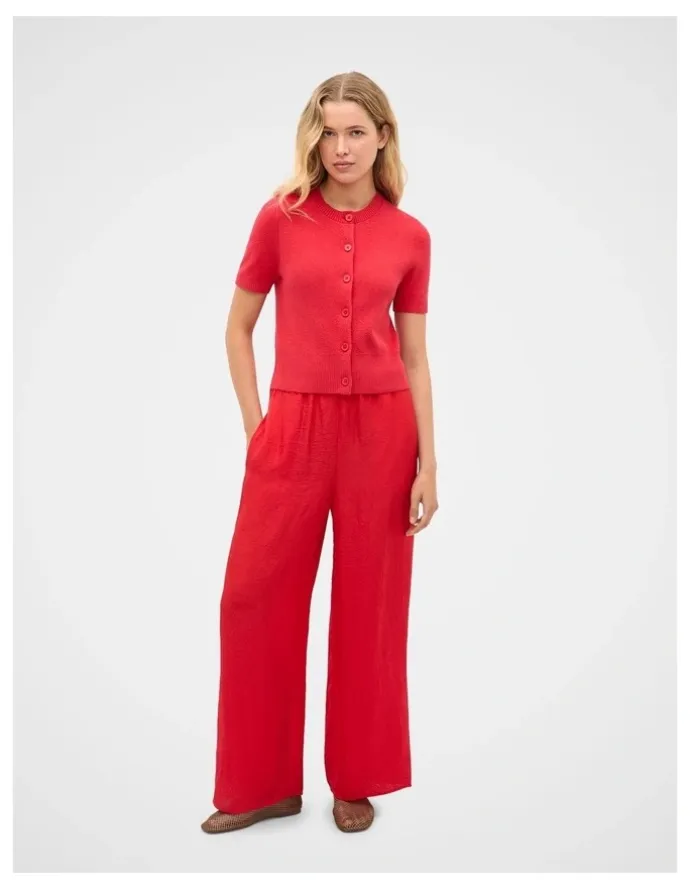 Seed Heritage Textured Satin Easy Wide Leg Pant in Chilli Red