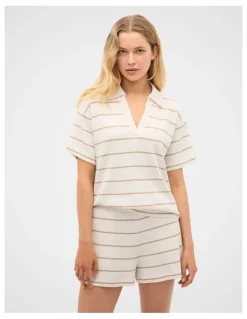 Seed Heritage Waffle Stripe Shirt and Short PJ Set in Meringue Marle