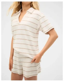 Seed Heritage Waffle Stripe Shirt and Short PJ Set in Meringue Marle