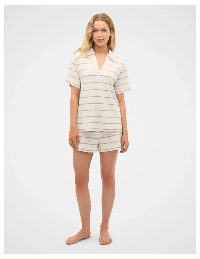 Seed Heritage Waffle Stripe Shirt and Short PJ Set in Meringue Marle