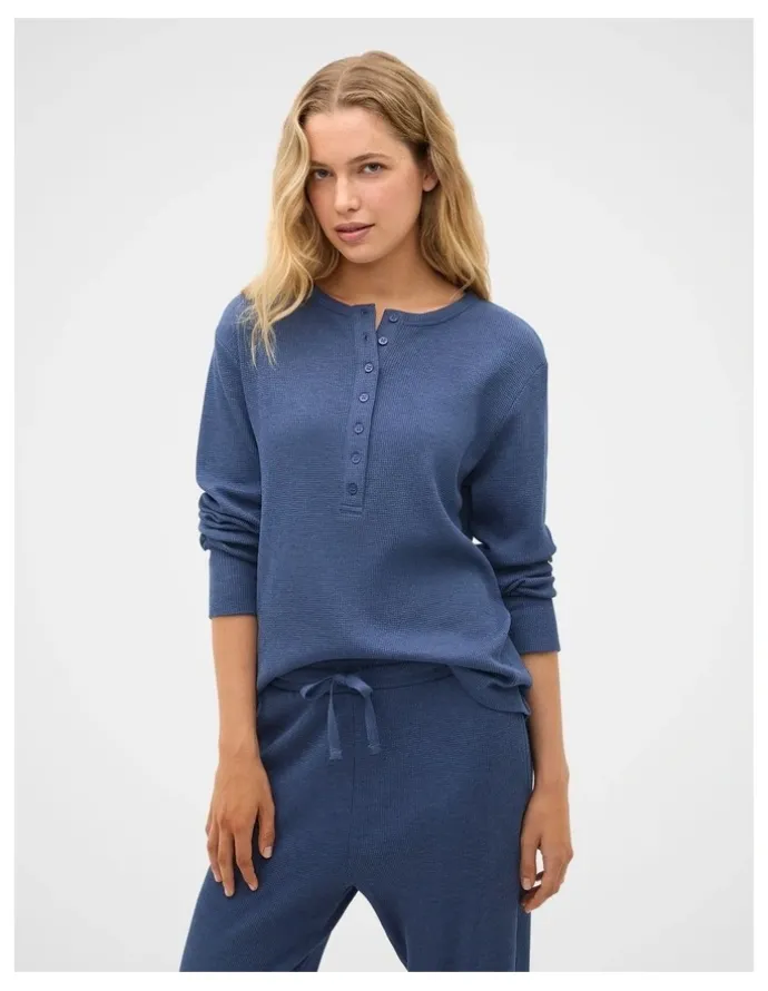 Seed Heritage Waffle Top and Pant PJ Set in Royal Blue Marle