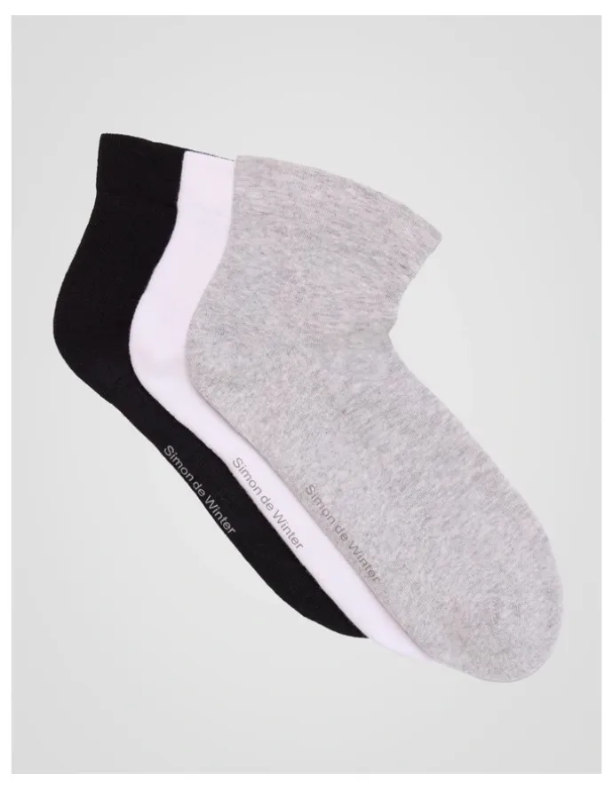 Simon De Winter 3 Pack Circulation Quarter Crew Socks in Grey, White, and Black